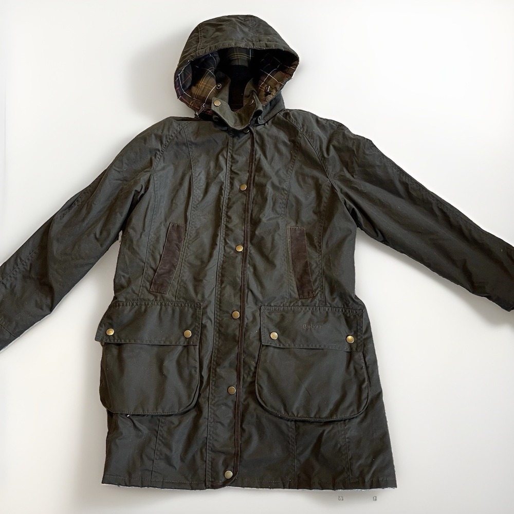 Barbour Border Wax Jacket Women's 10 Green Long Hooded